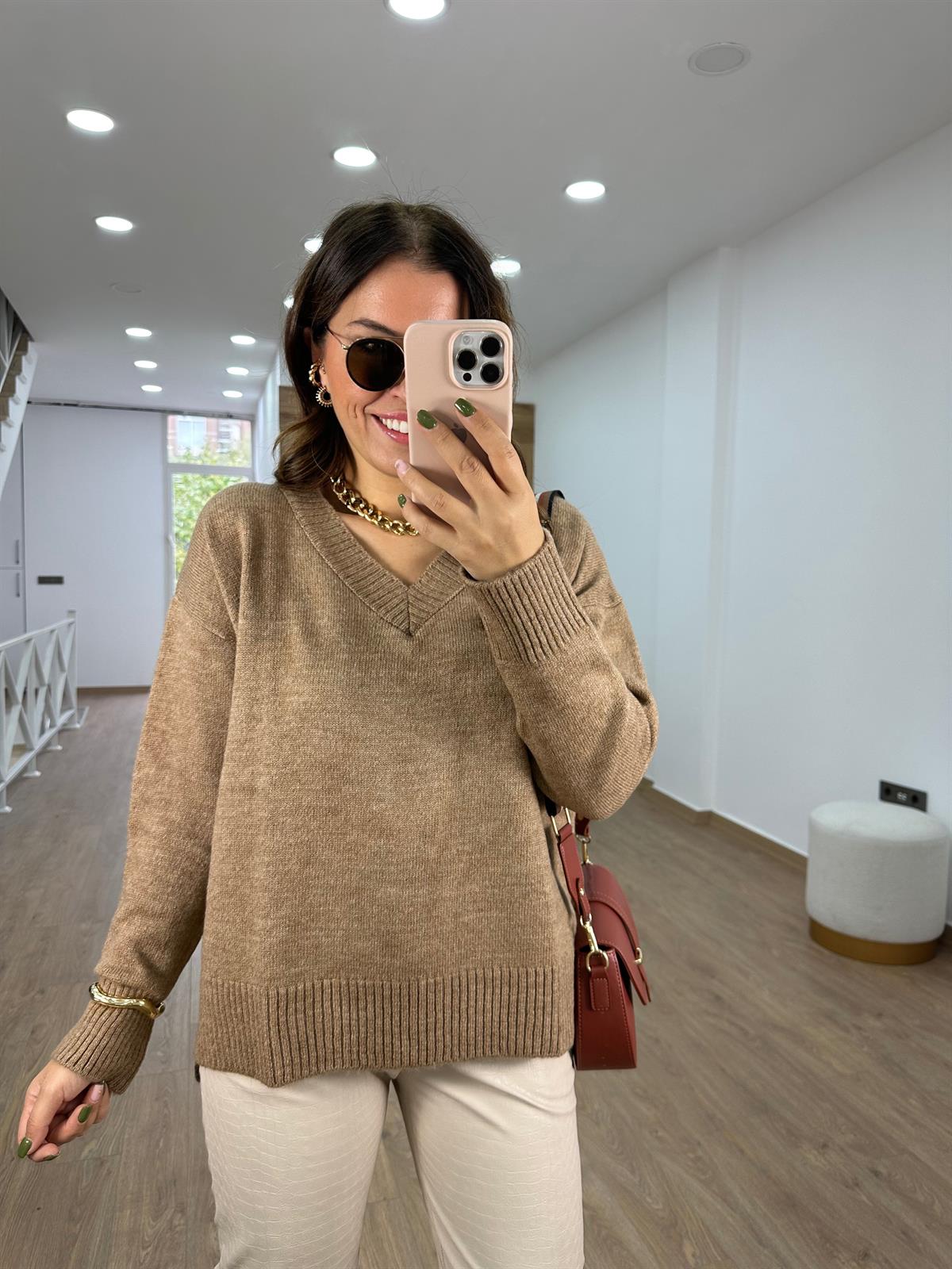 V Yaka Yandan Yırtmaçlı Basic Kazak-Camel