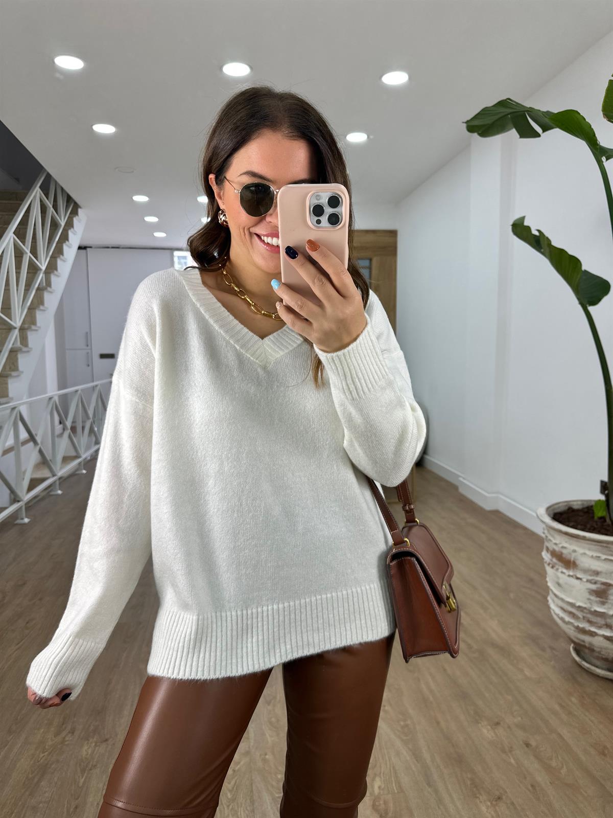 V Yaka Yandan Yırtmaçlı Basic Kazak-Ekru