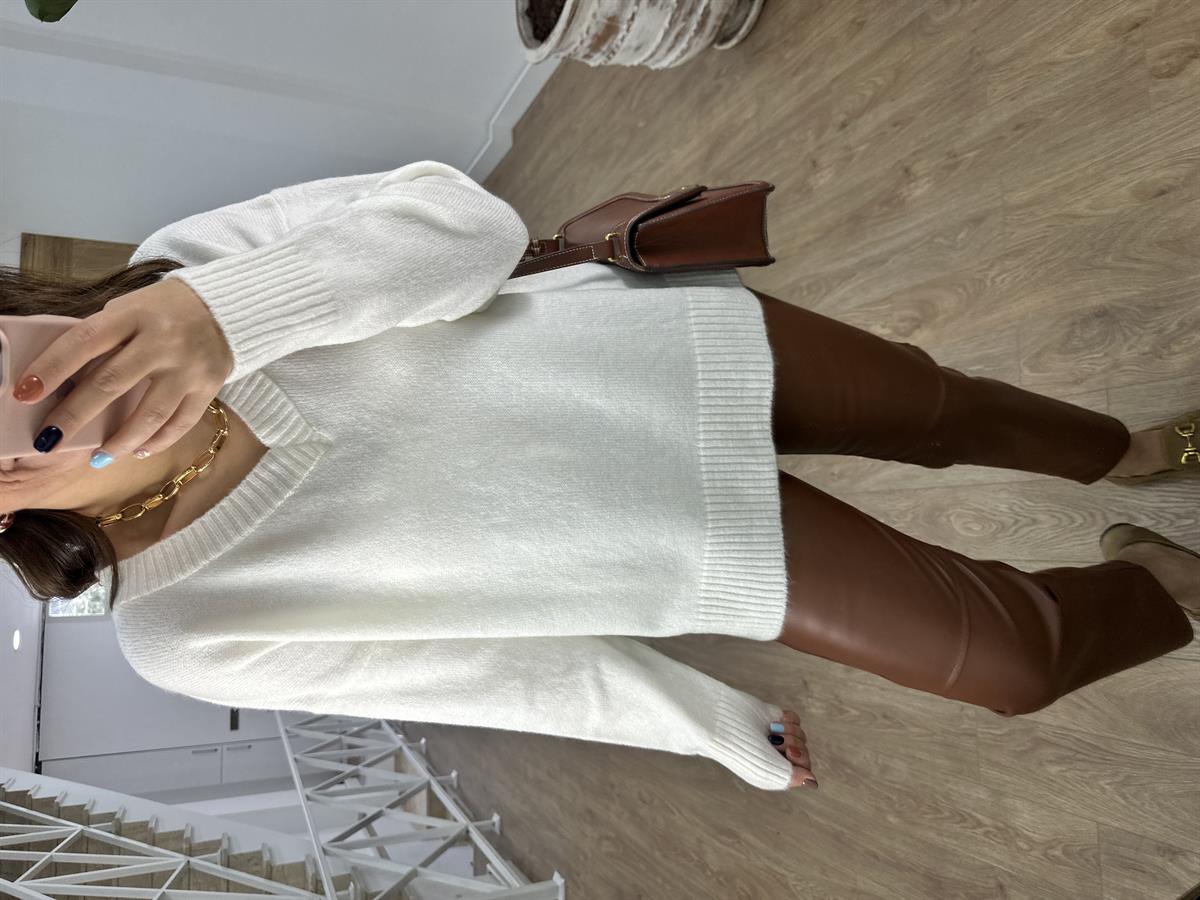 V Yaka Yandan Yırtmaçlı Basic Kazak-Ekru