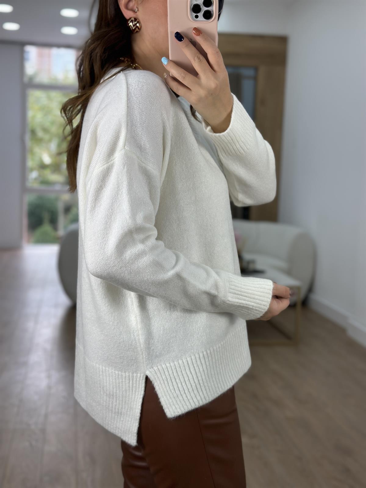 V Yaka Yandan Yırtmaçlı Basic Kazak-Ekru