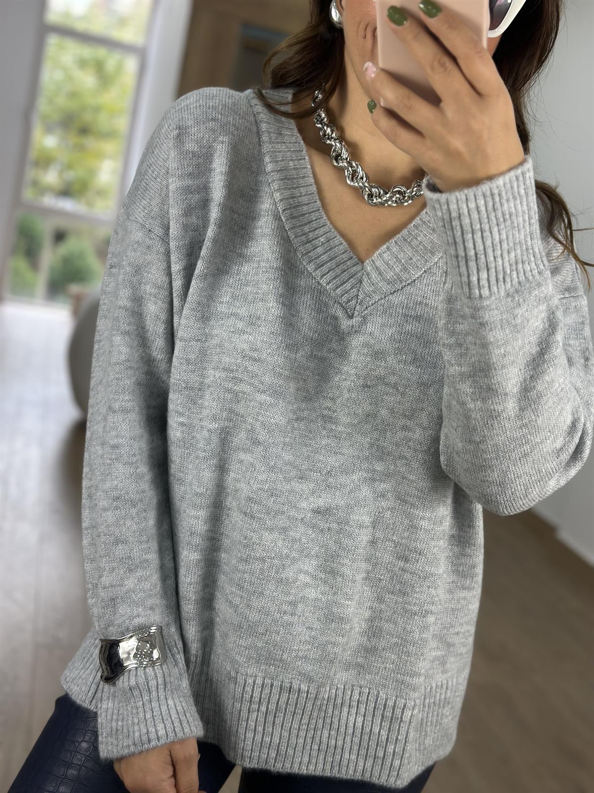 V Yaka Yandan Yırtmaçlı Basic Kazak-Gri