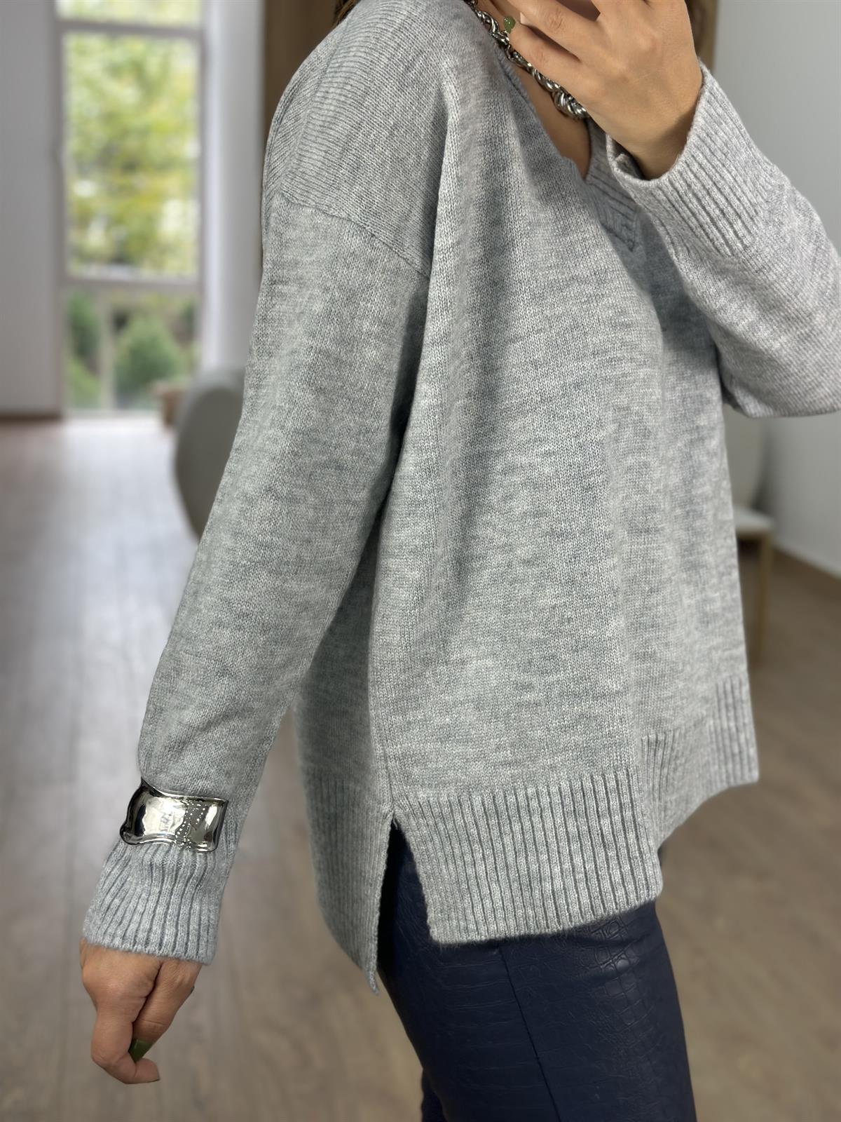 V Yaka Yandan Yırtmaçlı Basic Kazak-Gri