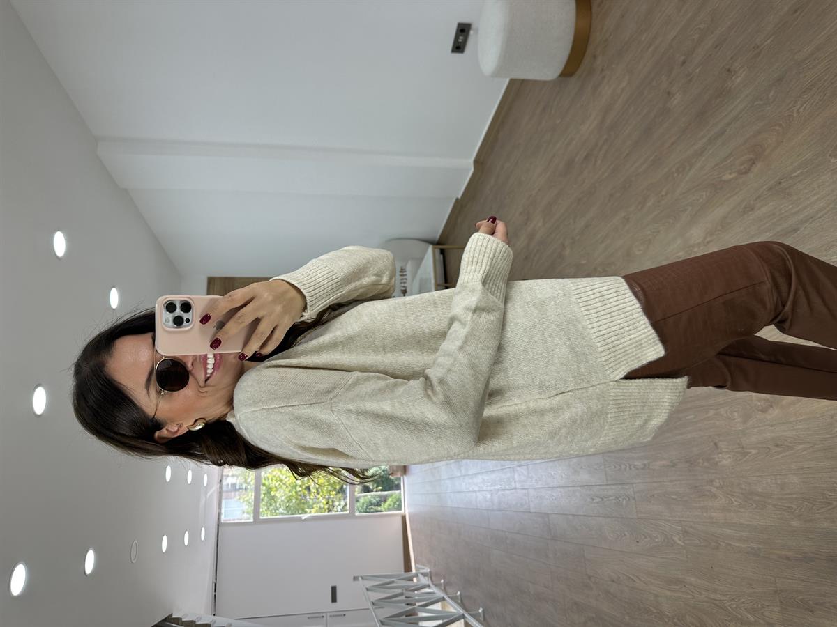 V Yaka Yandan Yırtmaçlı Basic Kazak-Taş