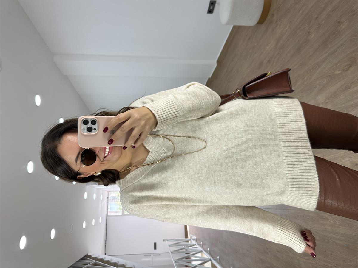 V Yaka Yandan Yırtmaçlı Basic Kazak-Taş