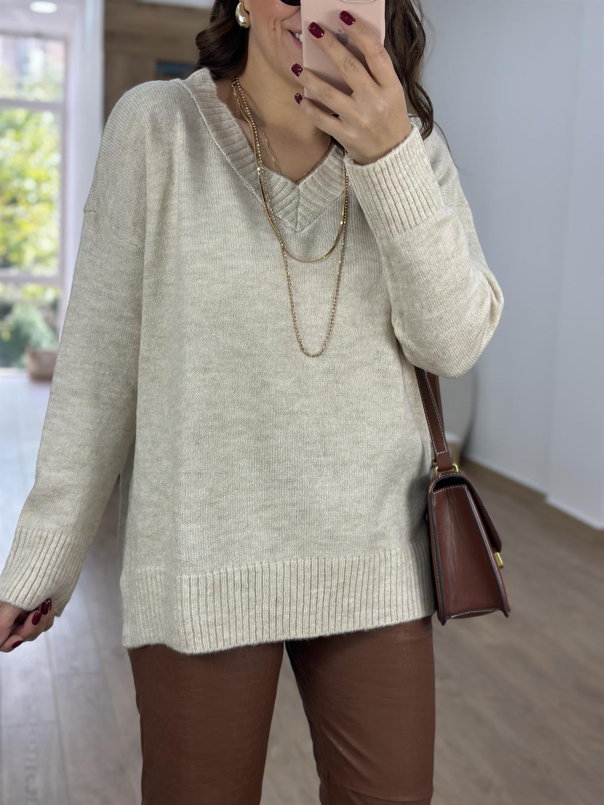 V Yaka Yandan Yırtmaçlı Basic Kazak-Taş