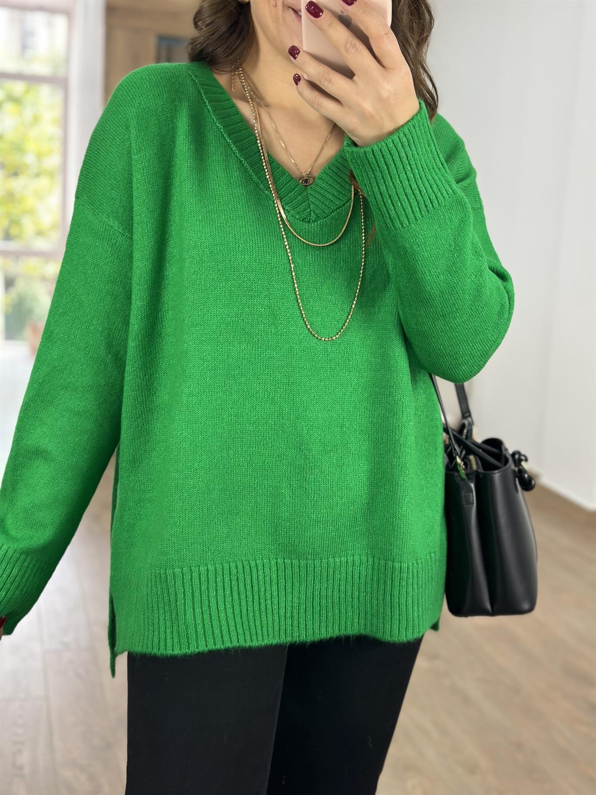 V Yaka Yandan Yırtmaçlı Basic Kazak-Yeşil