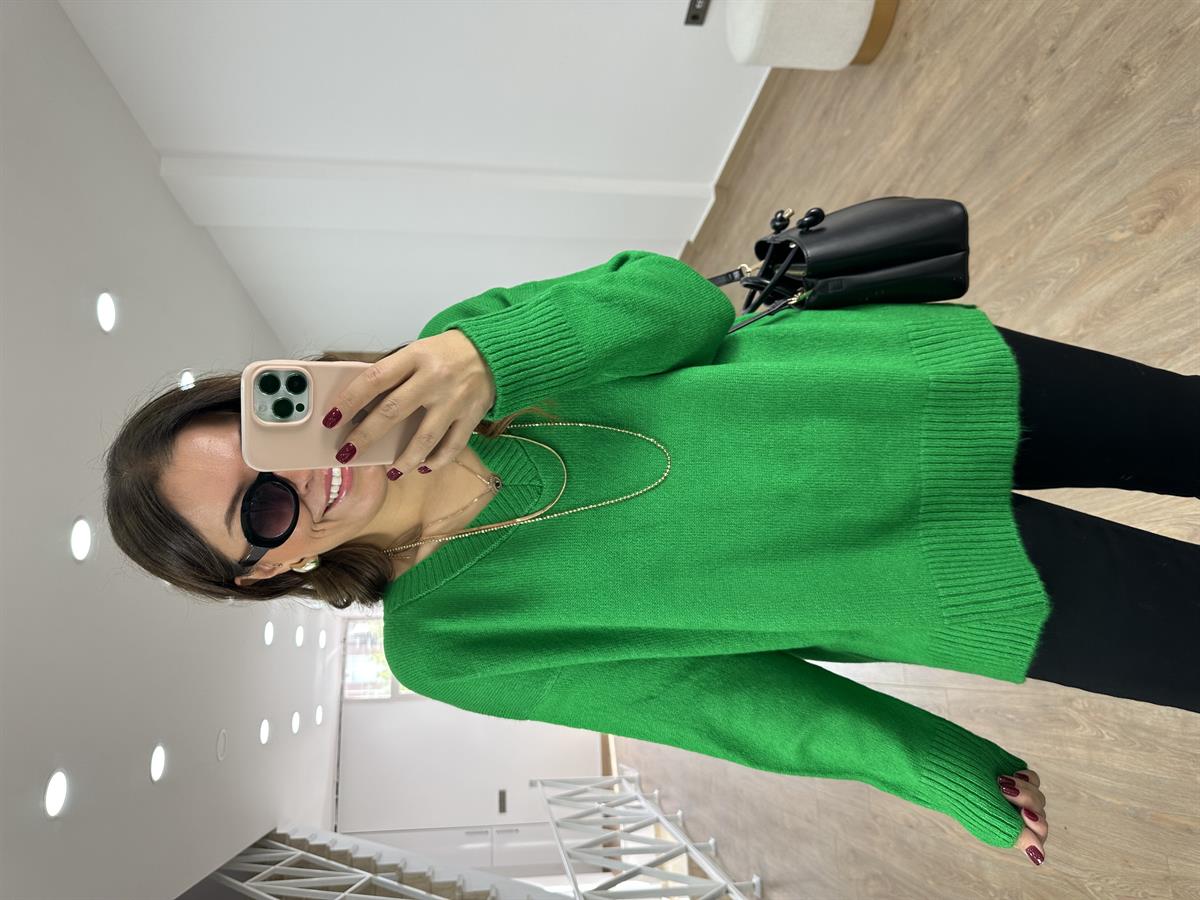 V Yaka Yandan Yırtmaçlı Basic Kazak-Yeşil