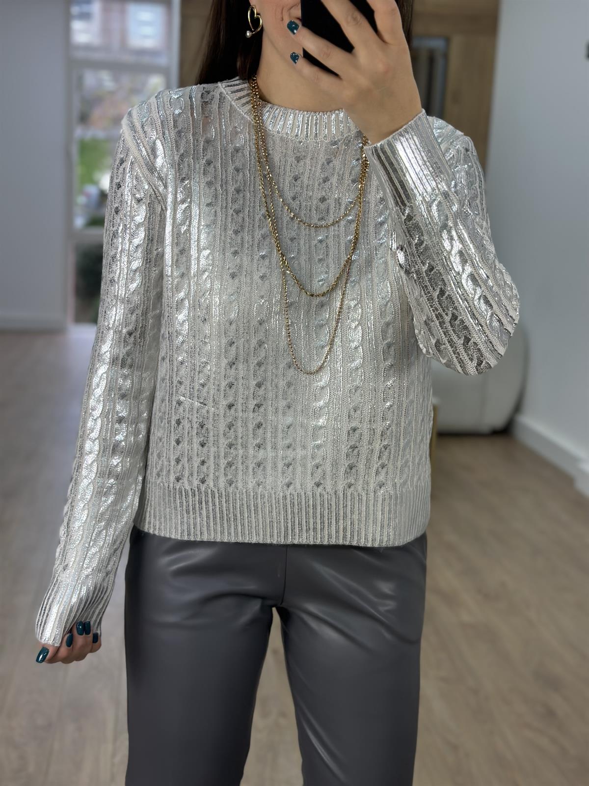 Varaklı Saç Örgülü Kazak-Gümüş