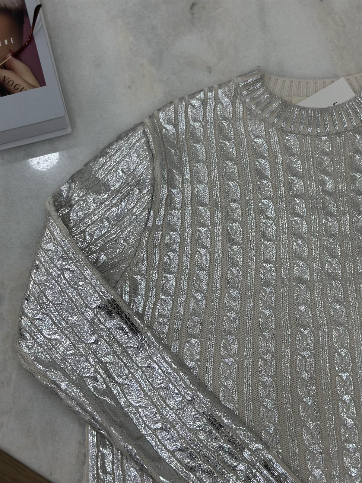 Varaklı Saç Örgülü Kazak-Gümüş