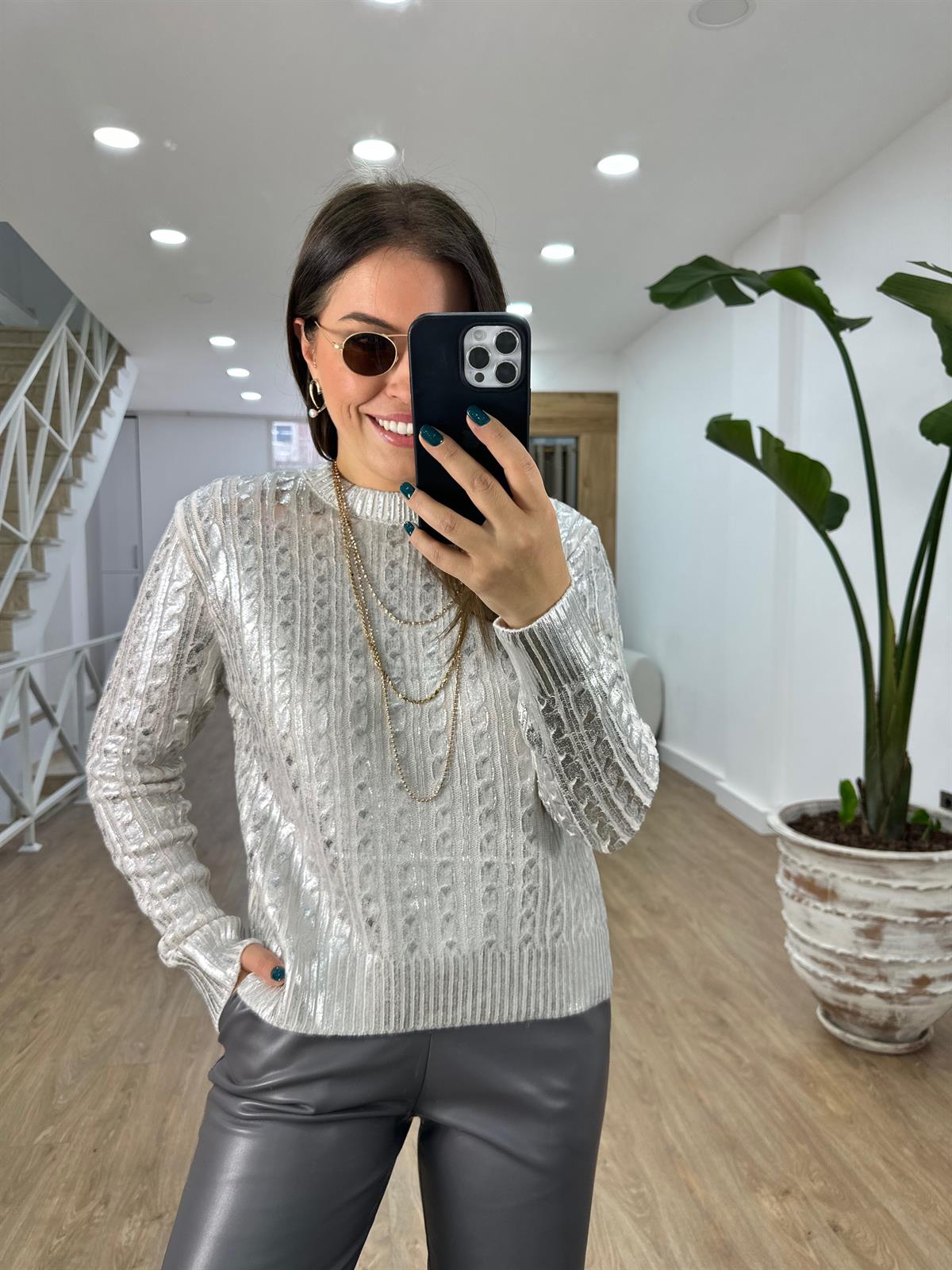 Varaklı Saç Örgülü Kazak-Gümüş