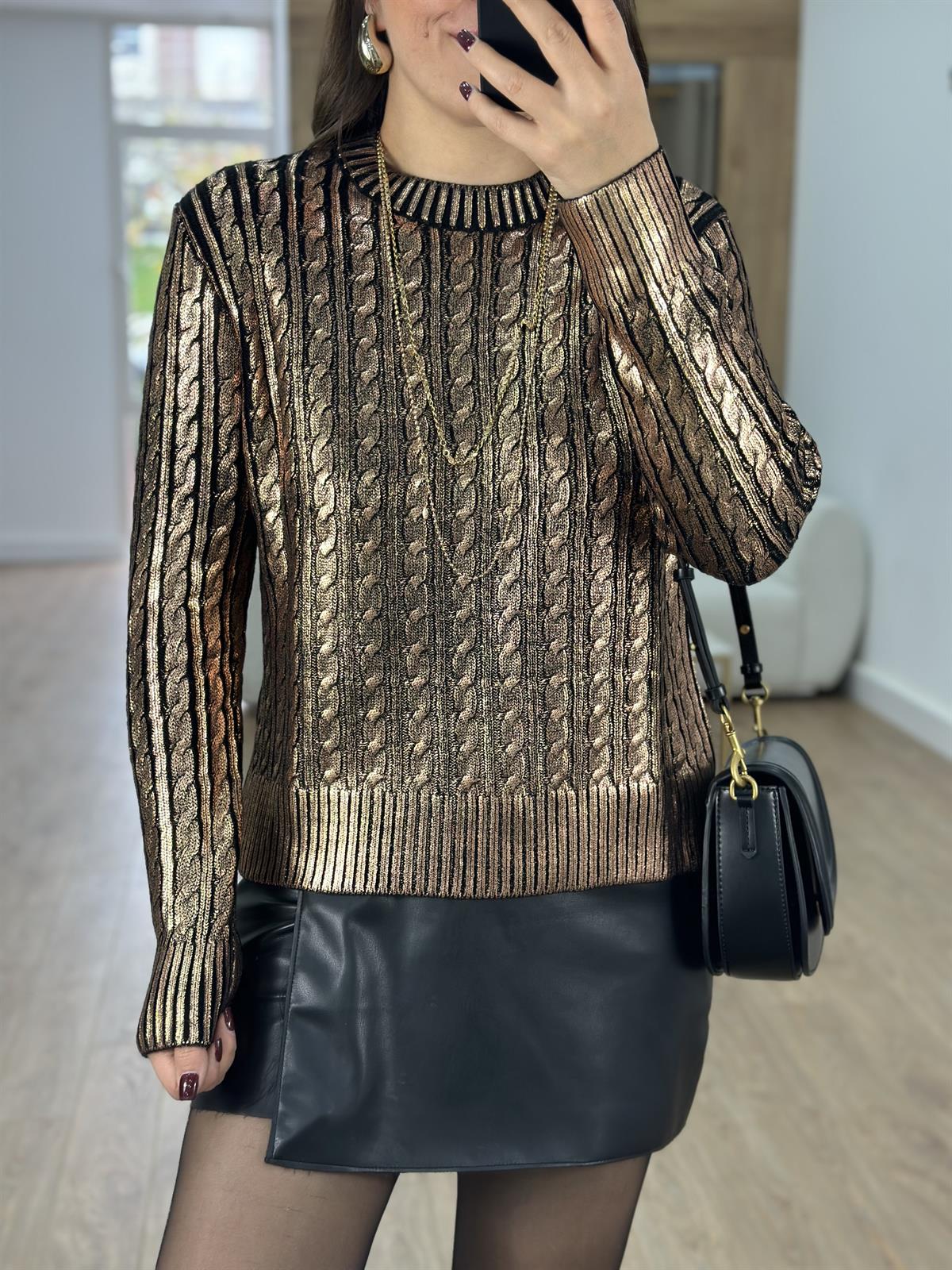 Varaklı Saç Örgülü Kazak-Bakır