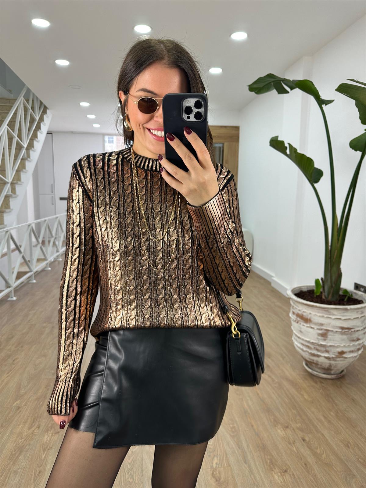 Varaklı Saç Örgülü Kazak-Bakır