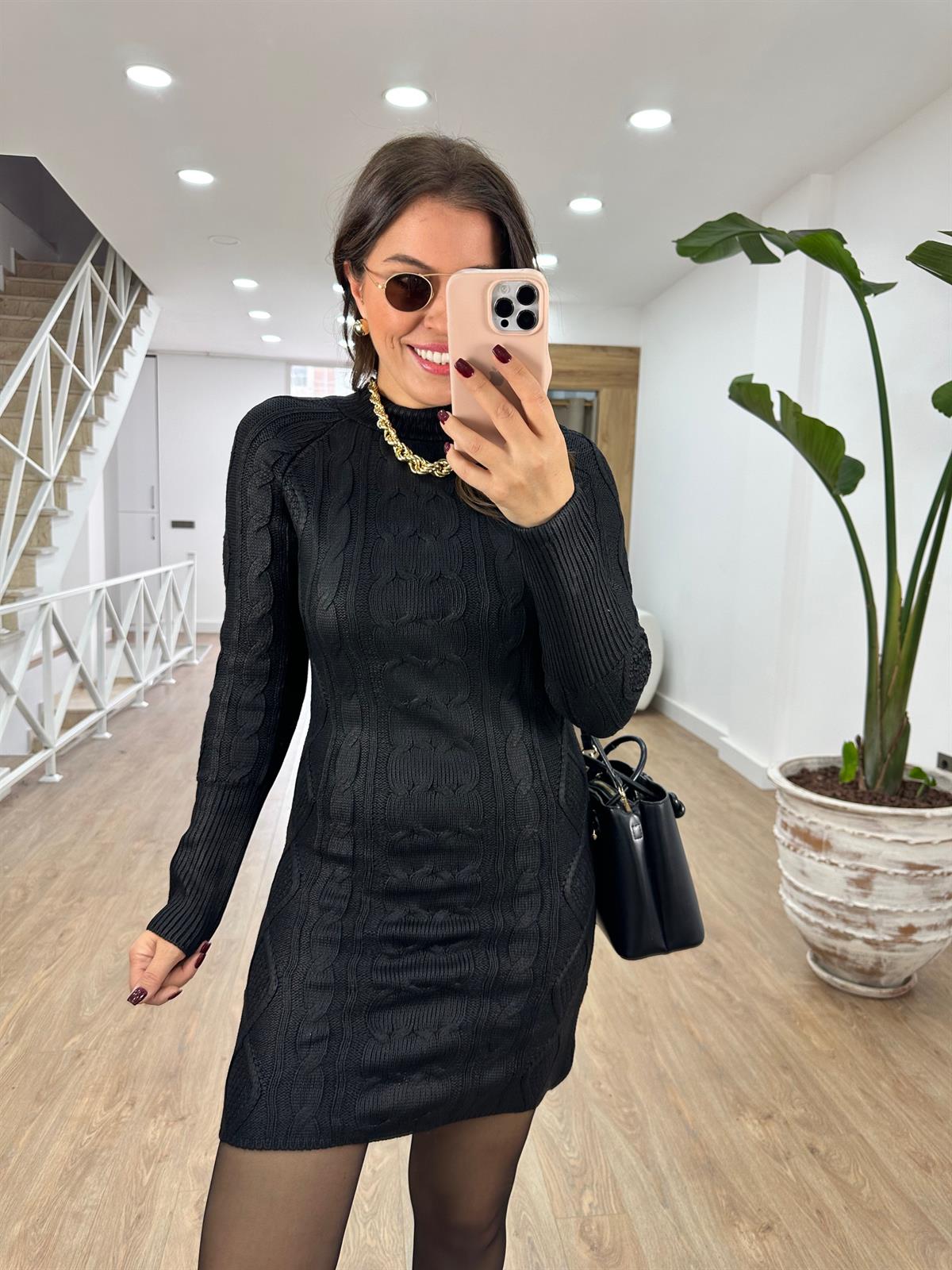 Varaklı Saç Örgülü Triko Elbise