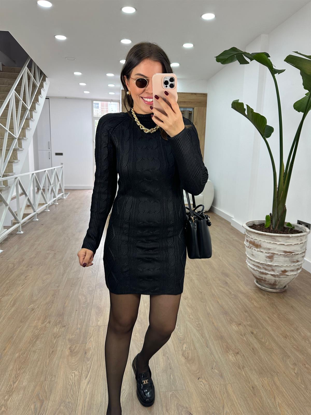 Varaklı Saç Örgülü Triko Elbise