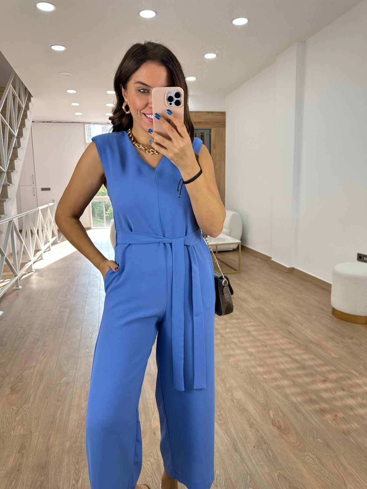 Vatkalı Beli Kuşaklı Krep Kumaş Tulum-Leylak