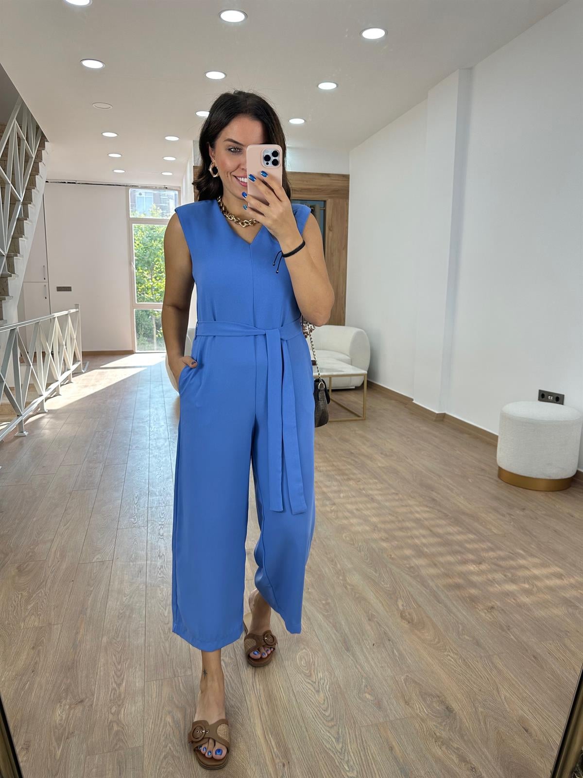 Vatkalı Beli Kuşaklı Krep Kumaş Tulum-Leylak