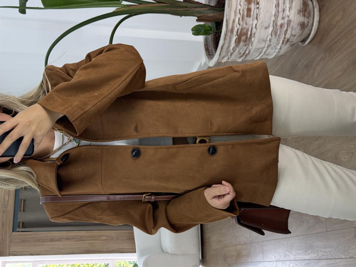 Vatkalı Beli  Kuşaklı Premium Süet Ceket