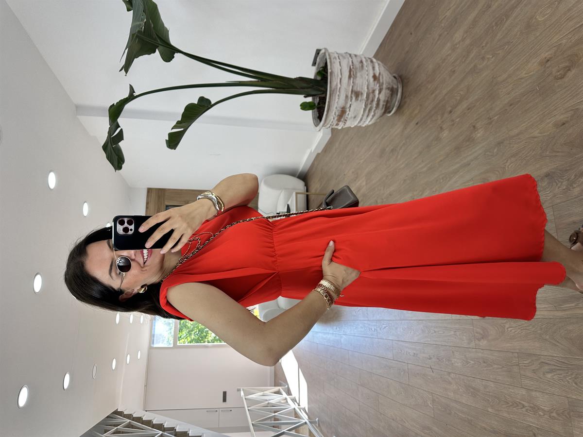 Vatkalı Beli Lastikli T Kol Elbise-Kırmızı