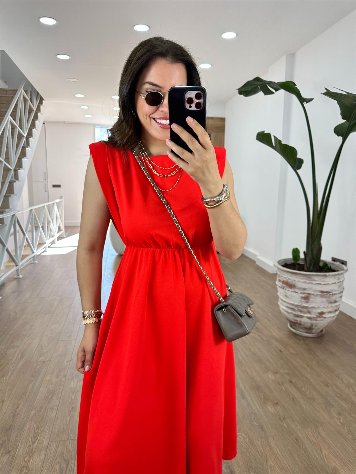 Vatkalı Beli Lastikli T Kol Elbise-Kırmızı