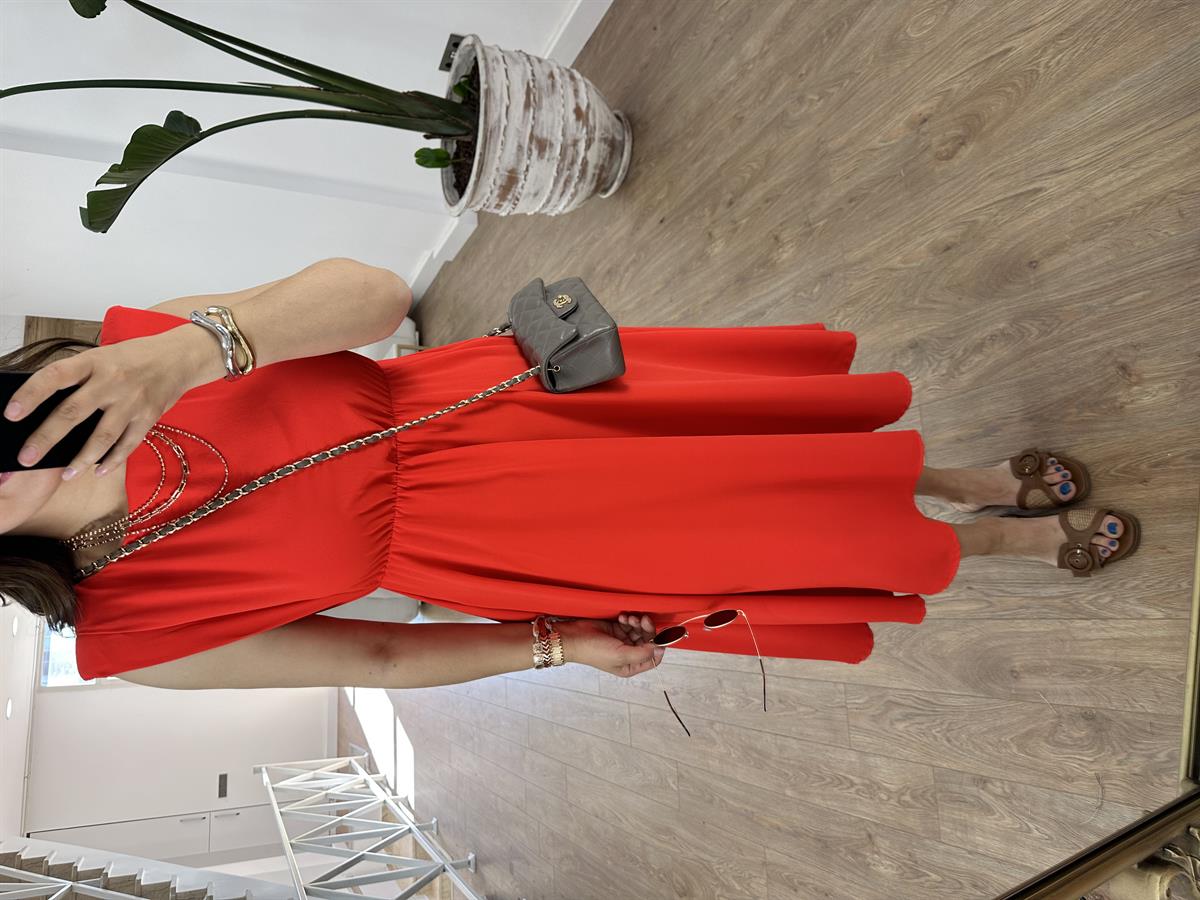 Vatkalı Beli Lastikli T Kol Elbise-Kırmızı