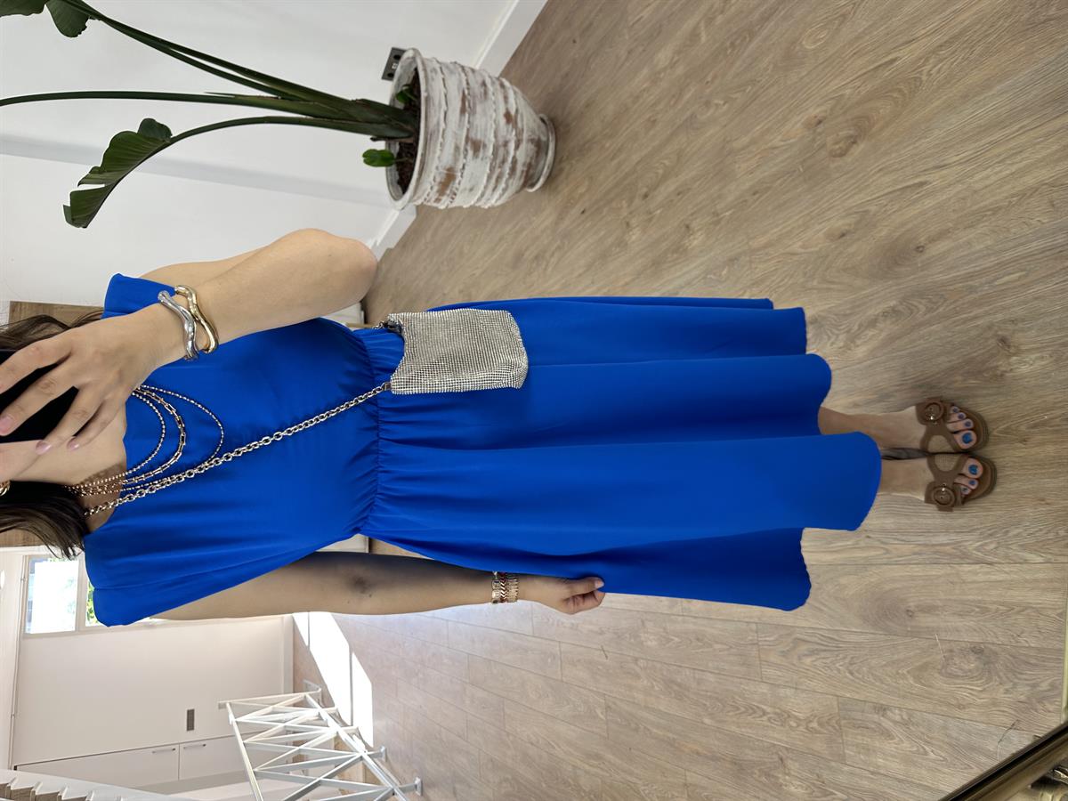 Vatkalı Beli Lastikli T Kol Elbise-Mavi