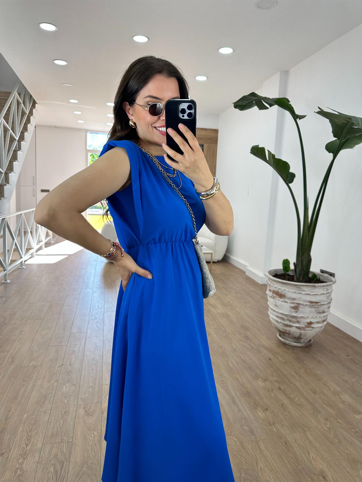Vatkalı Beli Lastikli T Kol Elbise-Mavi