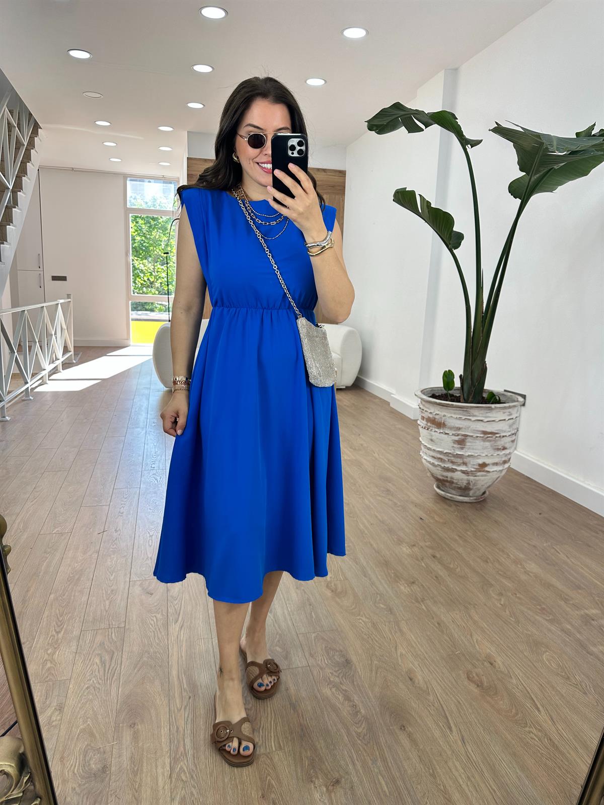 Vatkalı Beli Lastikli T Kol Elbise-Mavi