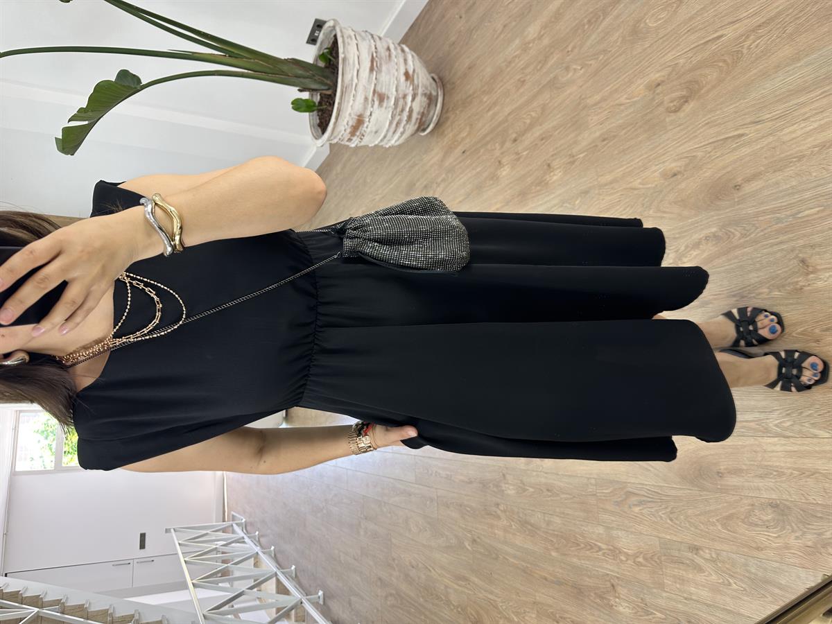 Vatkalı Beli Lastikli T Kol Elbise-Siyah