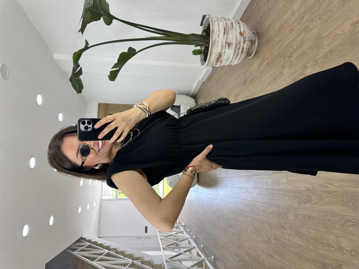 Vatkalı Beli Lastikli T Kol Elbise-Siyah