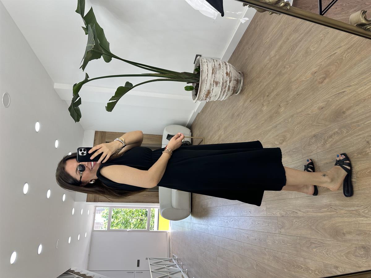 Vatkalı Beli Lastikli T Kol Elbise-Siyah