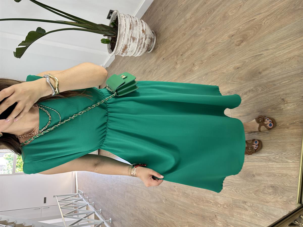 Vatkalı Beli Lastikli T Kol Elbise-Yeşil