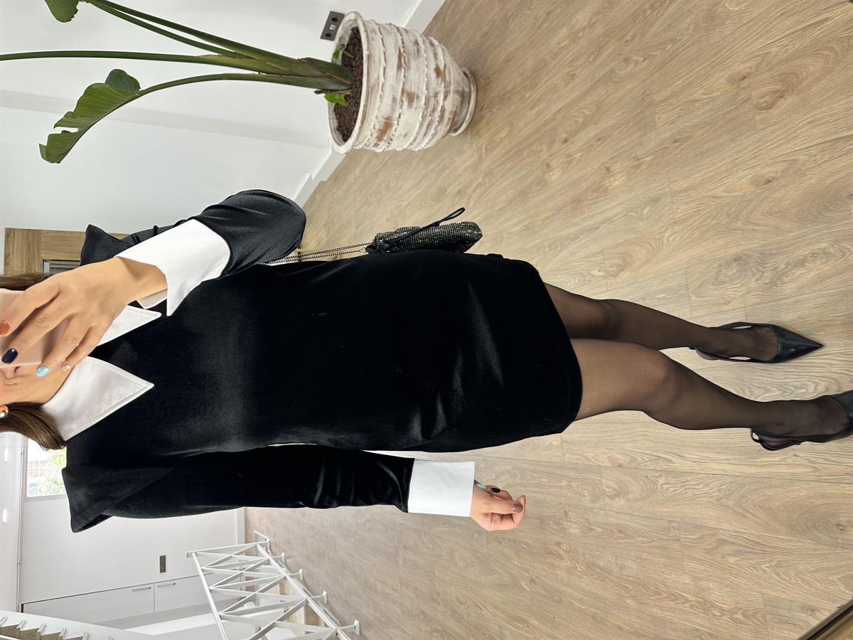 Vatkalı Gömlek Yaka Tasarım Kadife Elbise