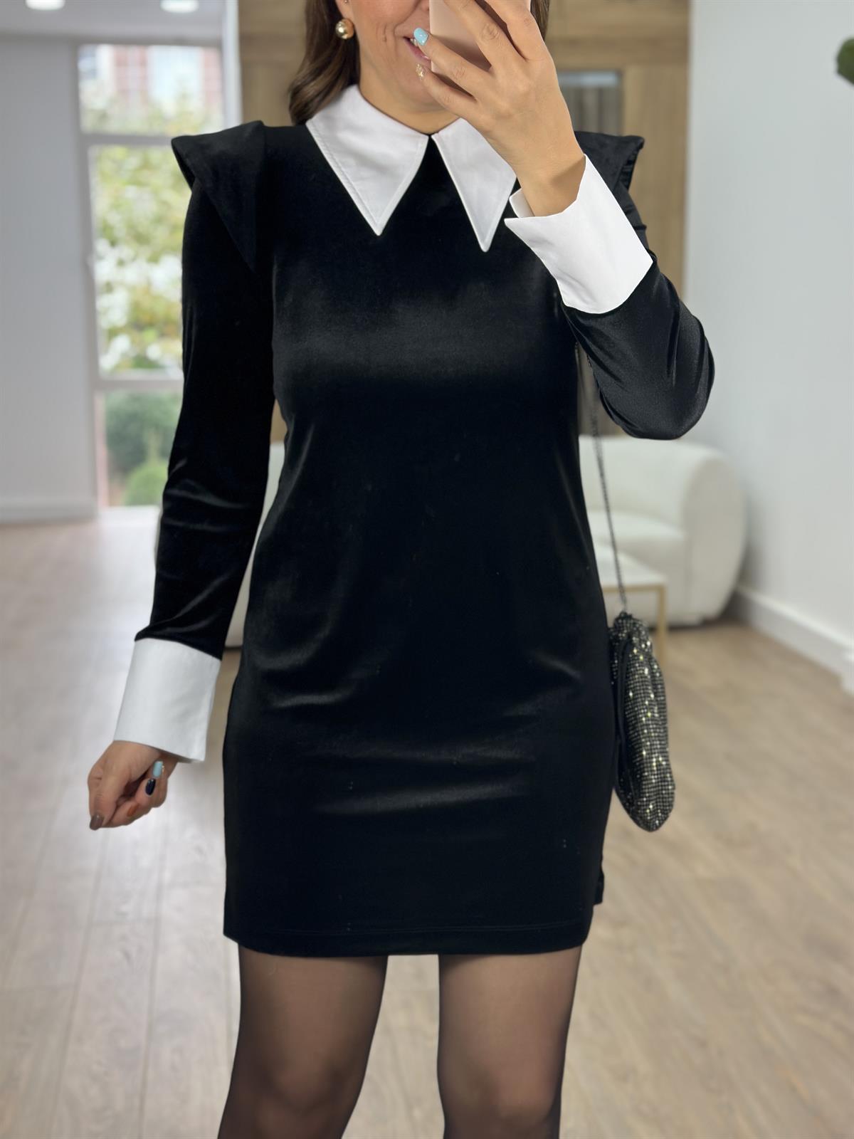 Vatkalı Gömlek Yaka Tasarım Kadife Elbise