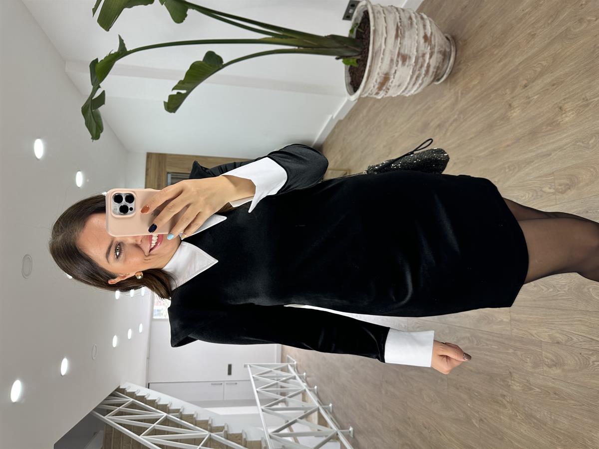 Vatkalı Gömlek Yaka Tasarım Kadife Elbise