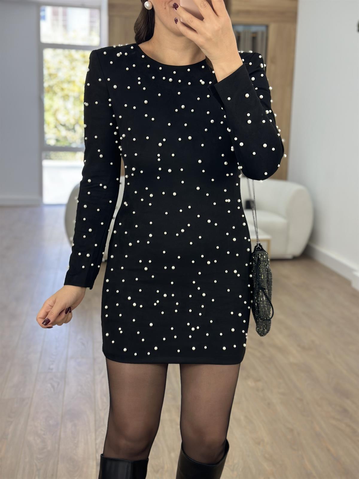 Vatkalı İncili Süet Elbise-Siyah