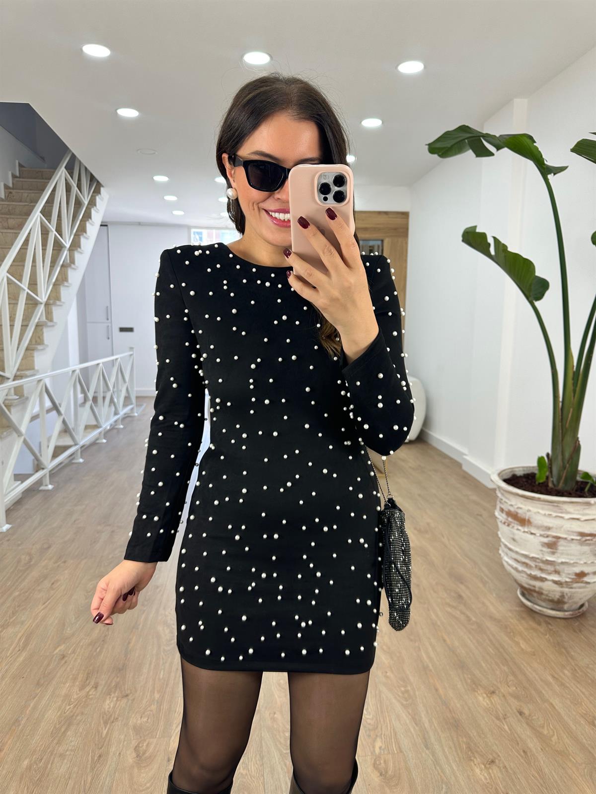 Vatkalı İncili Süet Elbise-Siyah