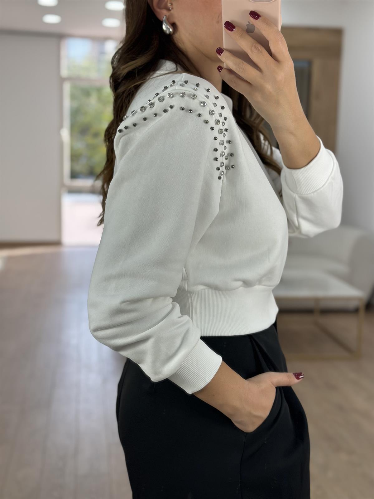 Vatkalı Omuzları Taşlı Sweatshirt-Beyaz