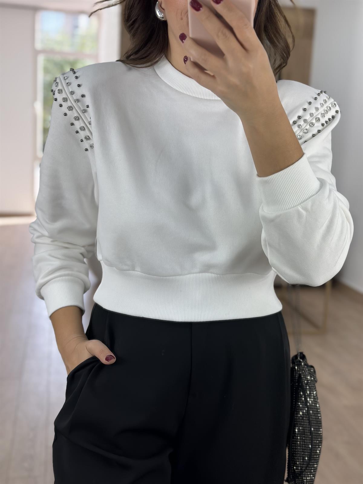Vatkalı Omuzları Taşlı Sweatshirt-Beyaz
