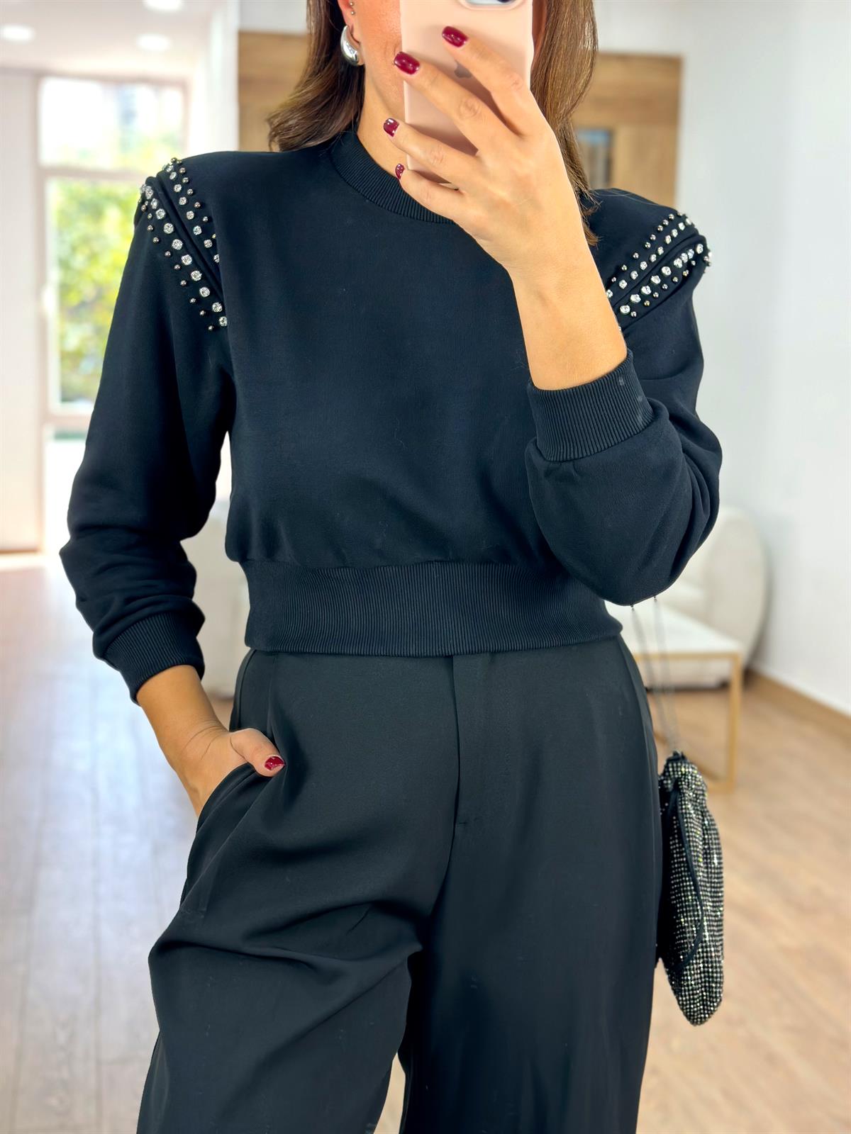 Vatkalı Omuzları Taşlı Sweatshirt-Siyah