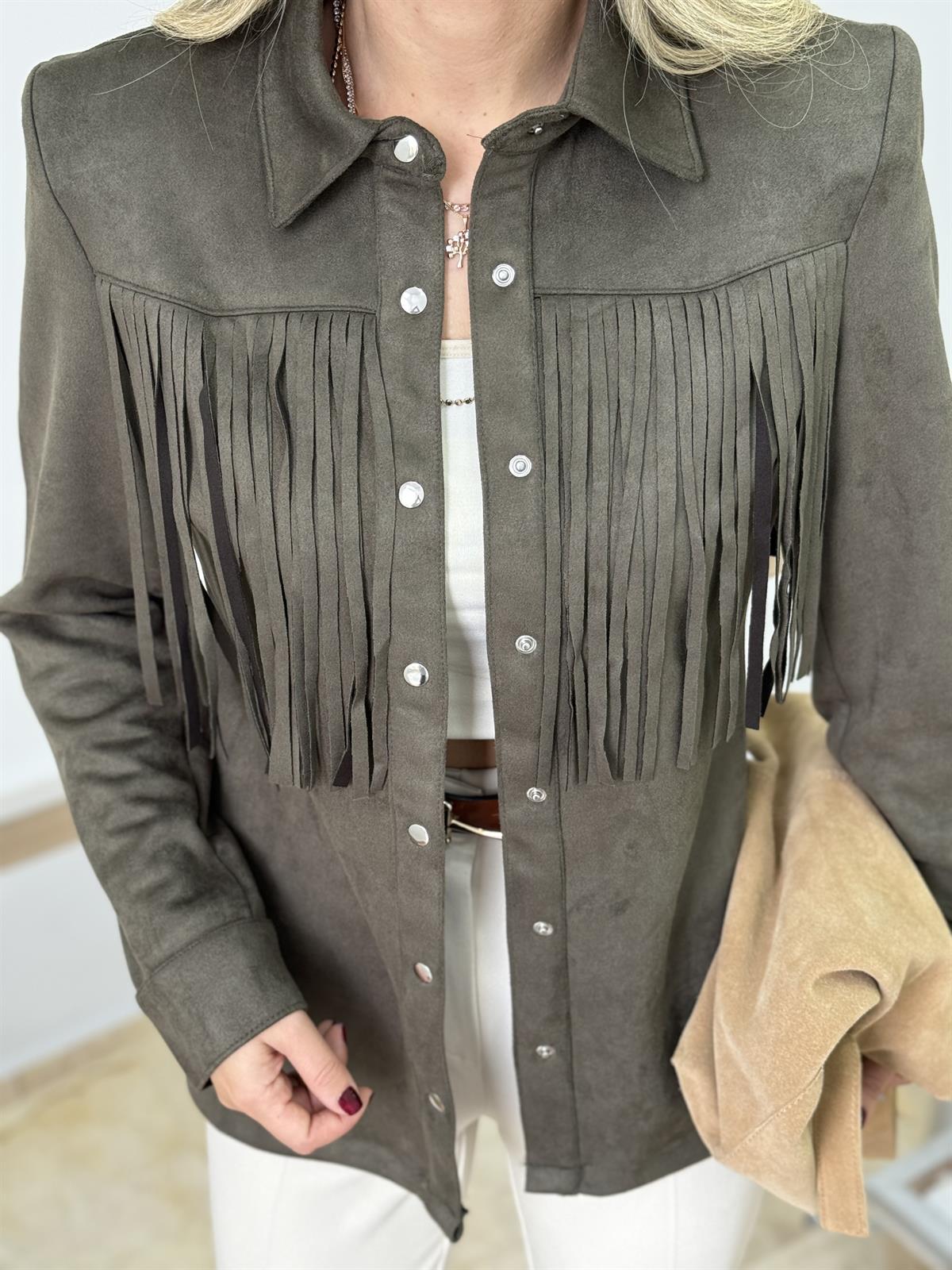 Vatkalı Püskül Detaylı Süet Ceket - Haki