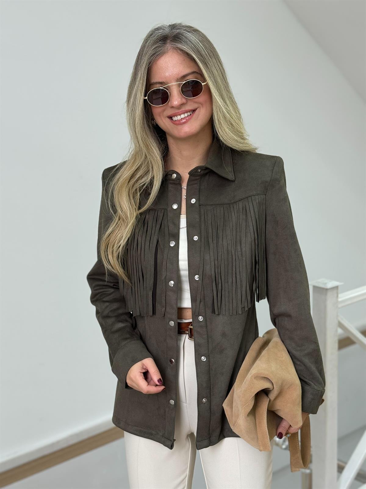 Vatkalı Püskül Detaylı Süet Ceket - Haki