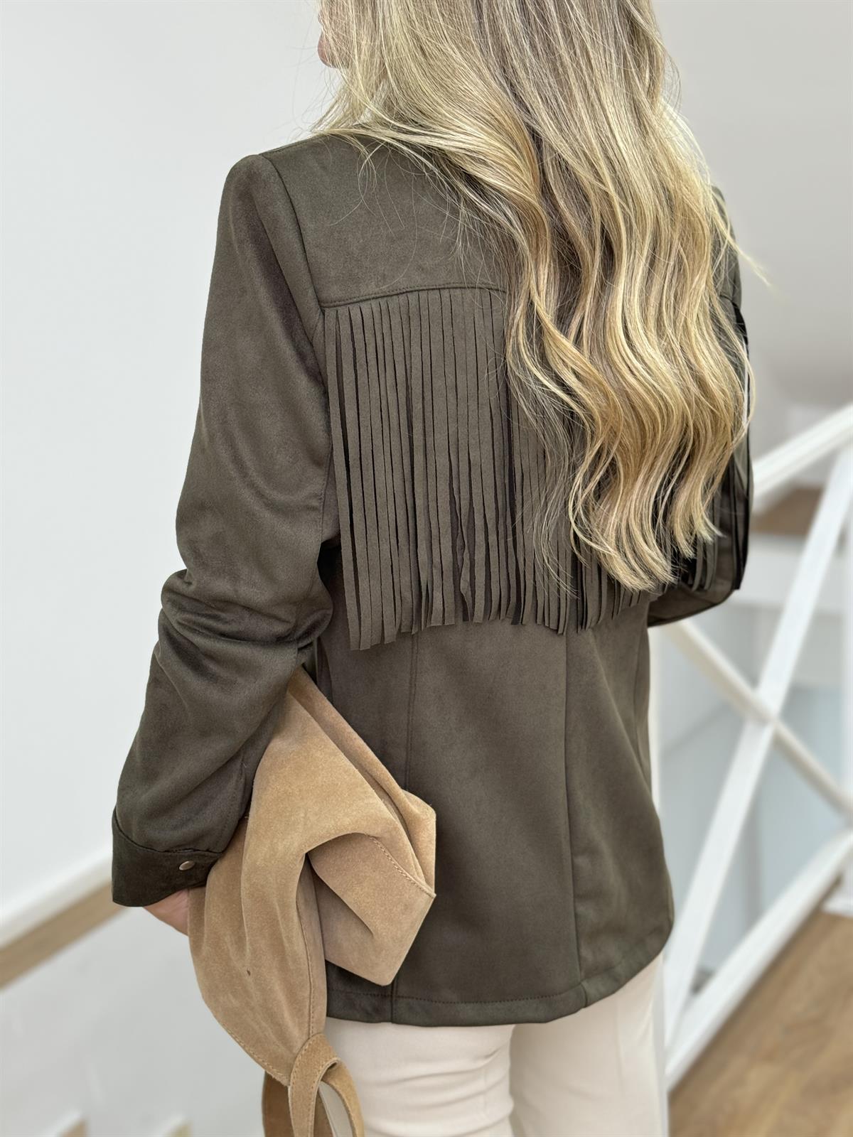 Vatkalı Püskül Detaylı Süet Ceket - Haki