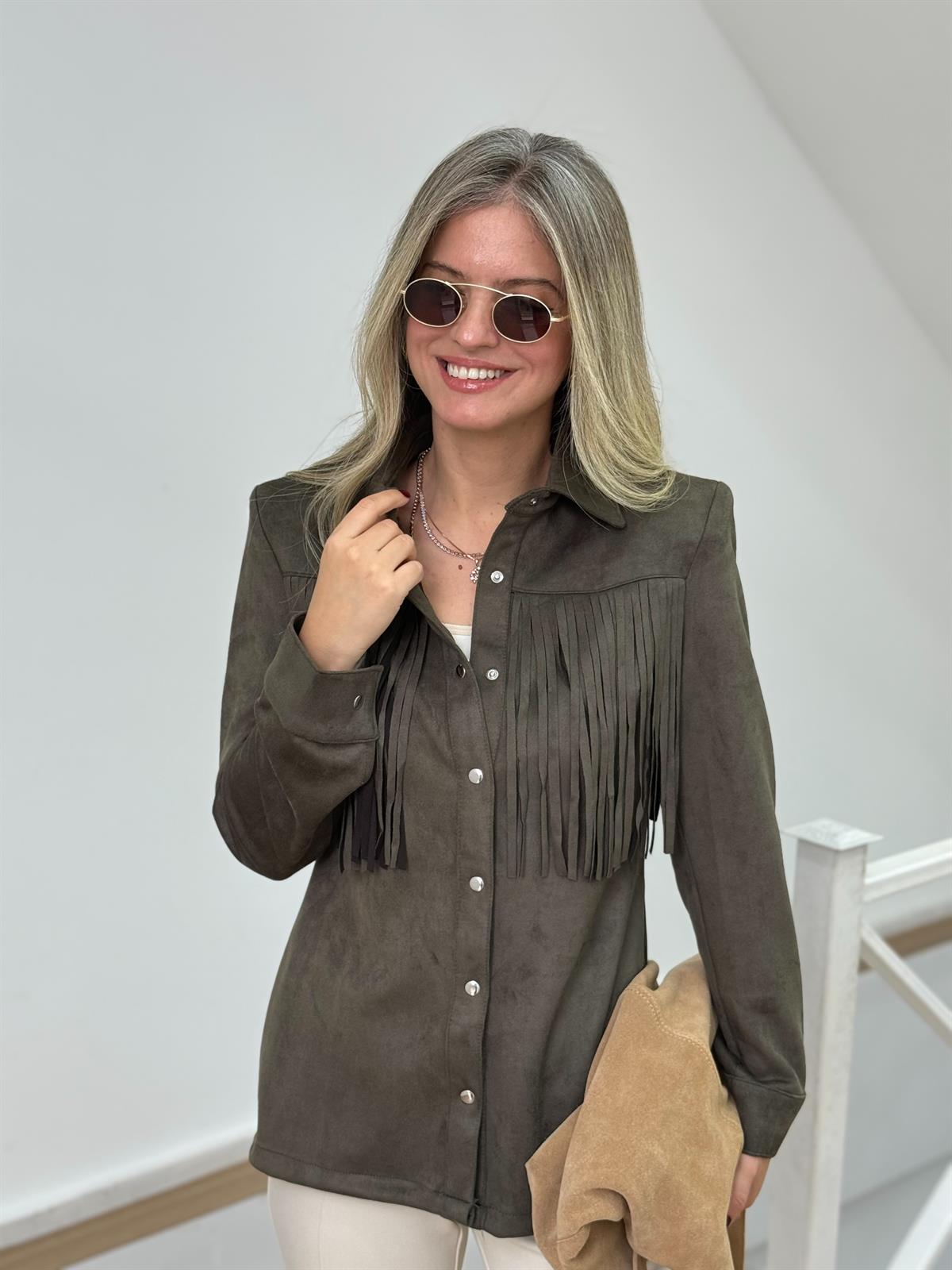 Vatkalı Püskül Detaylı Süet Ceket - Haki