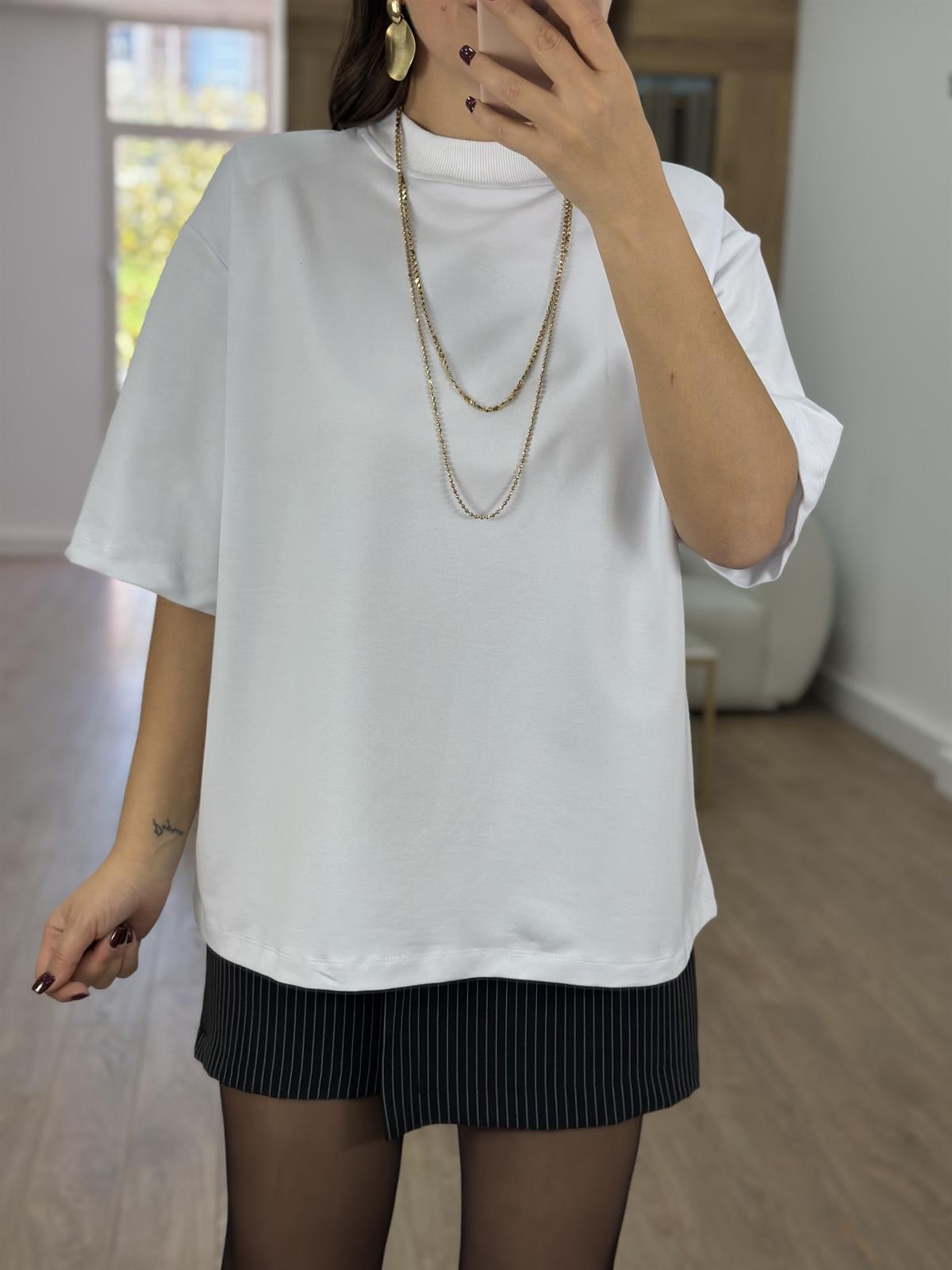 Vatkalı Tok Dokuda Oversize Bluz-Beyaz