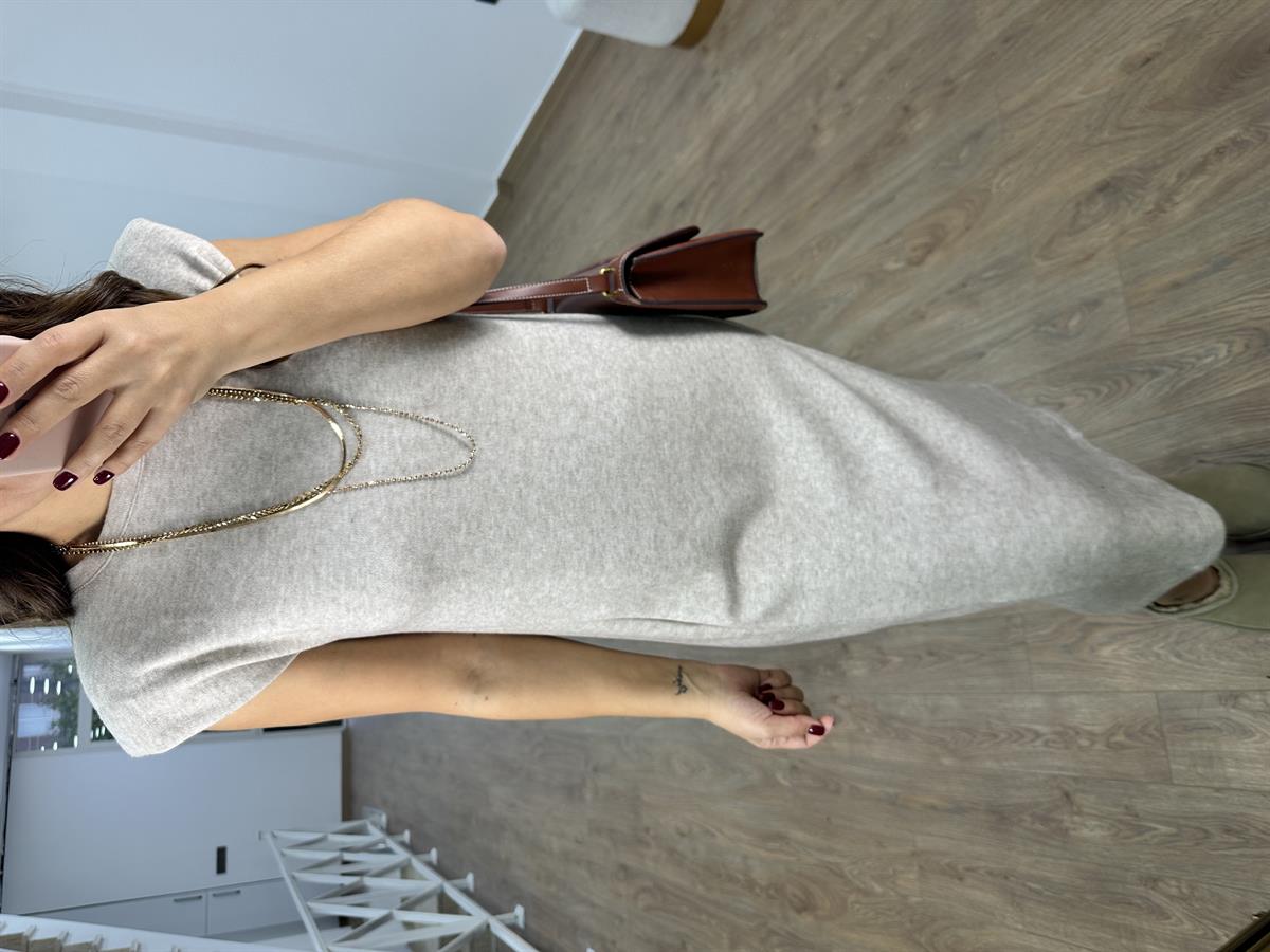 Vatkalı Yumuşacık Dokuda Triko Elbise-Bej