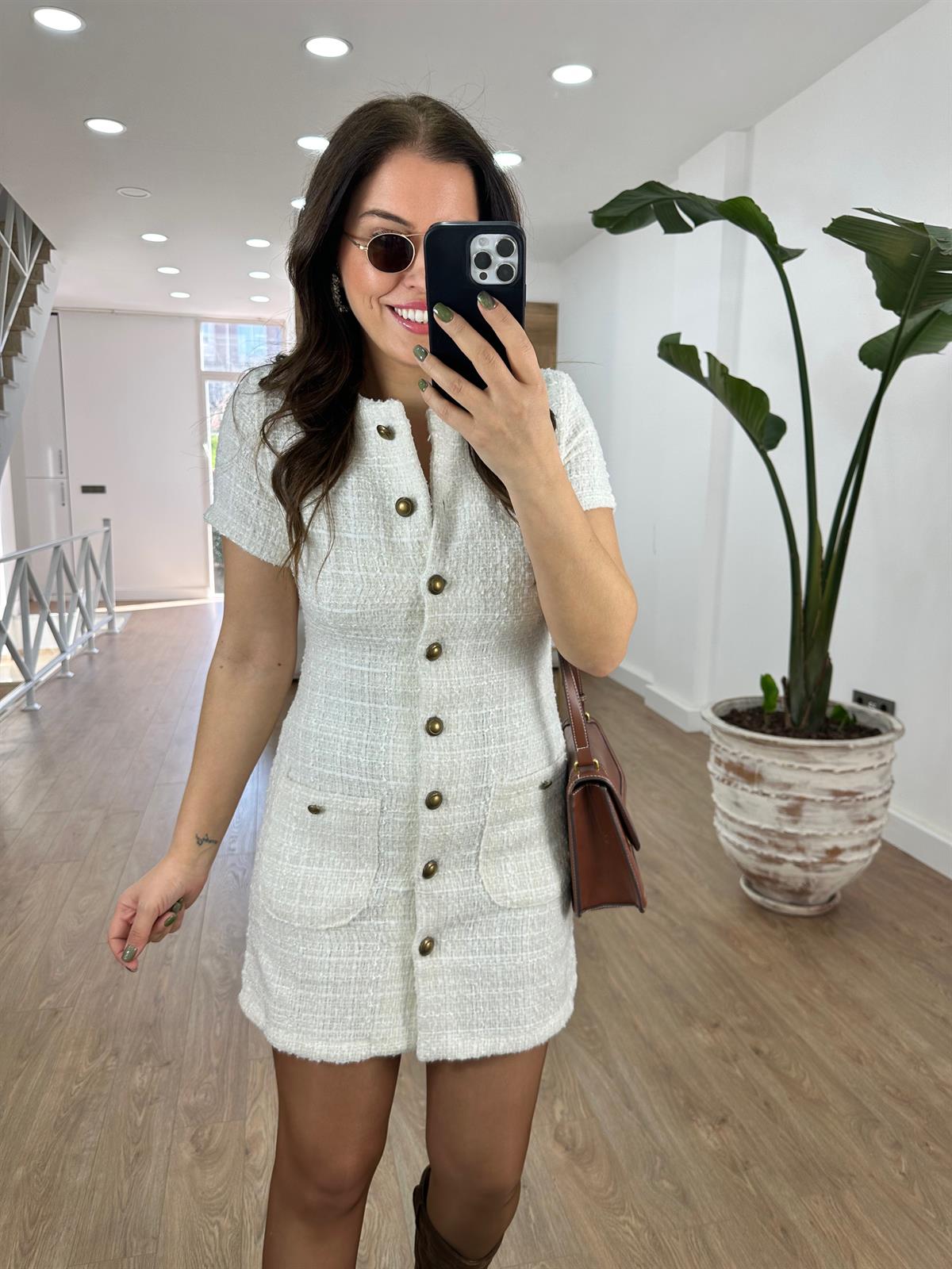 Vintage Düğmeli Vatkalı Tüvit Elbise