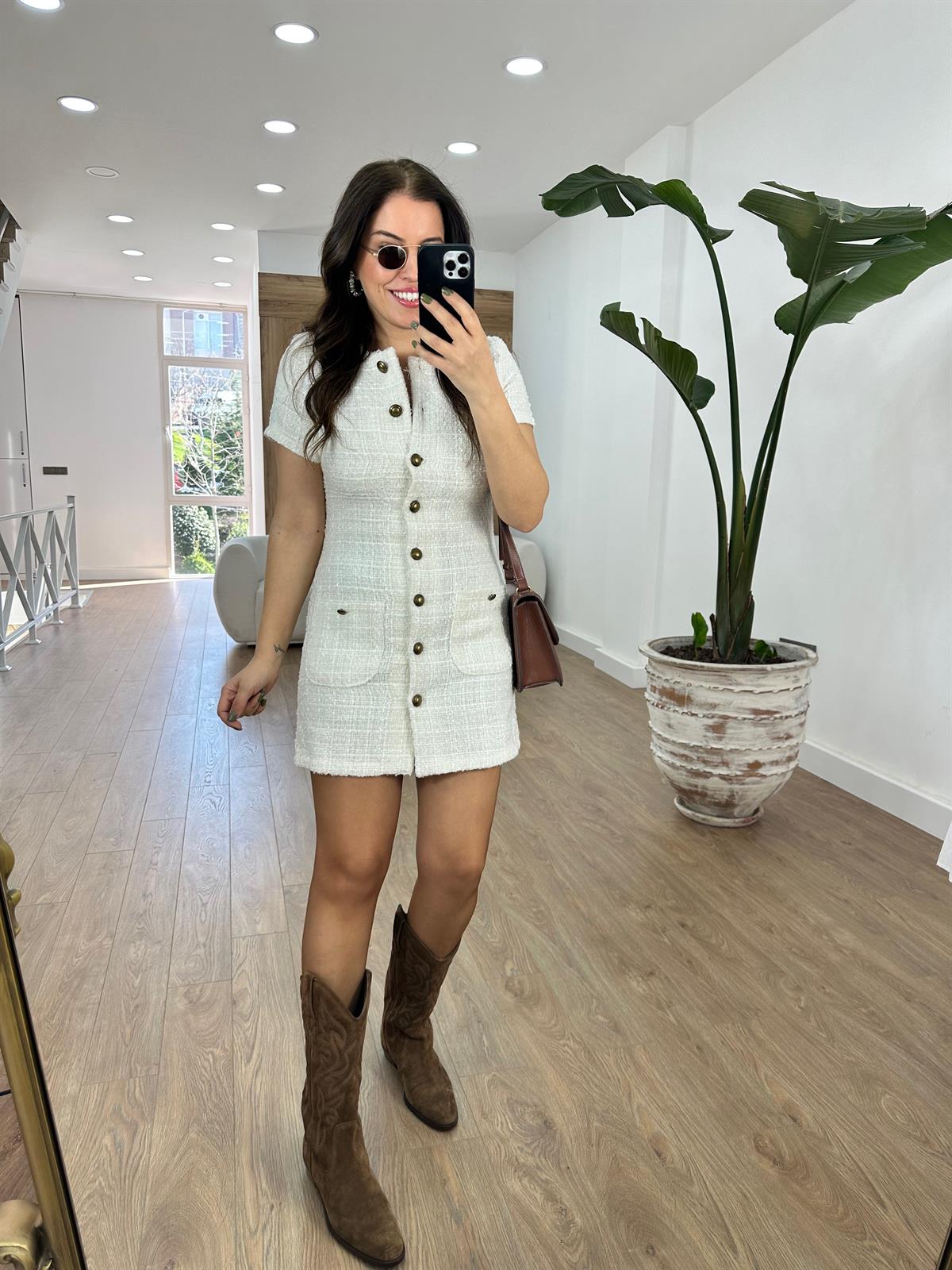 Vintage Düğmeli Vatkalı Tüvit Elbise