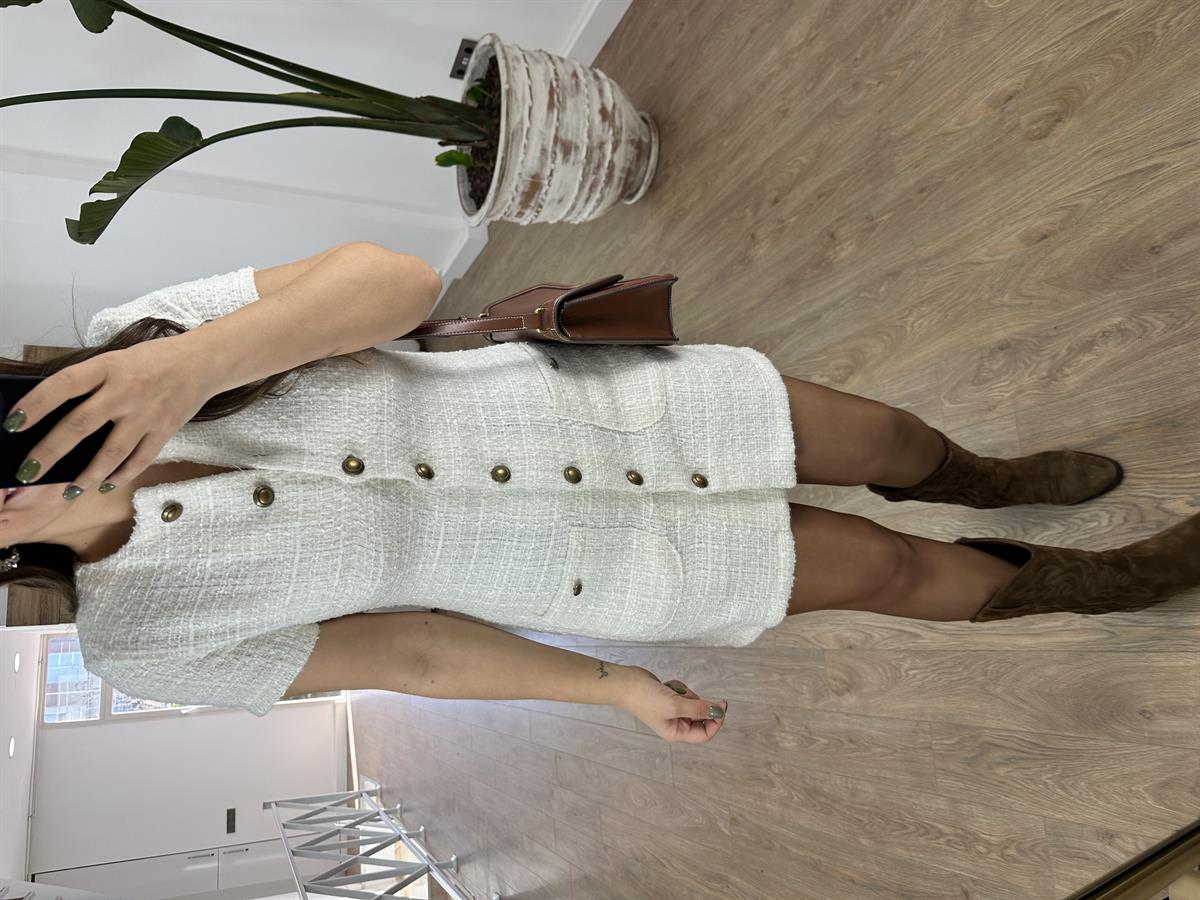 Vintage Düğmeli Vatkalı Tüvit Elbise