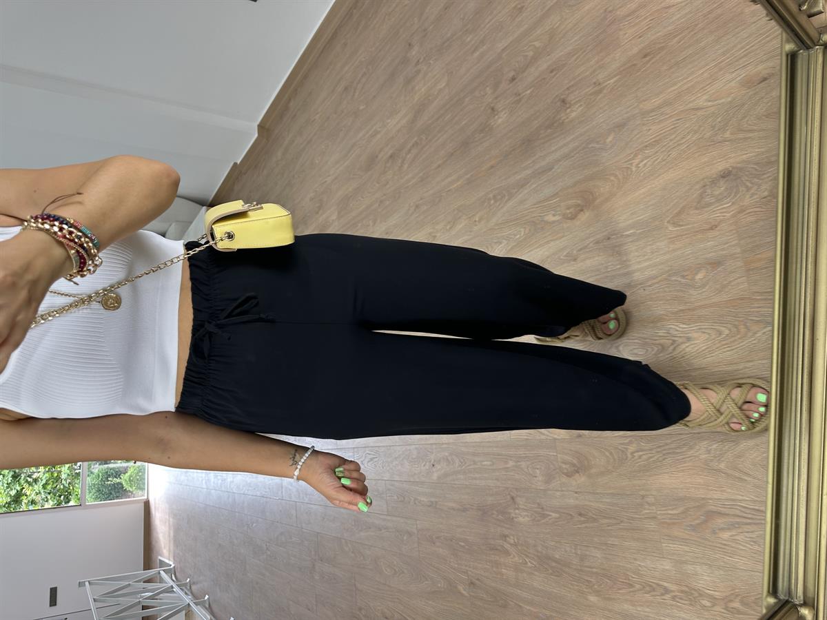 Viskon Kumaş Beli Lastikli Palazzo Pantolon-Siyah