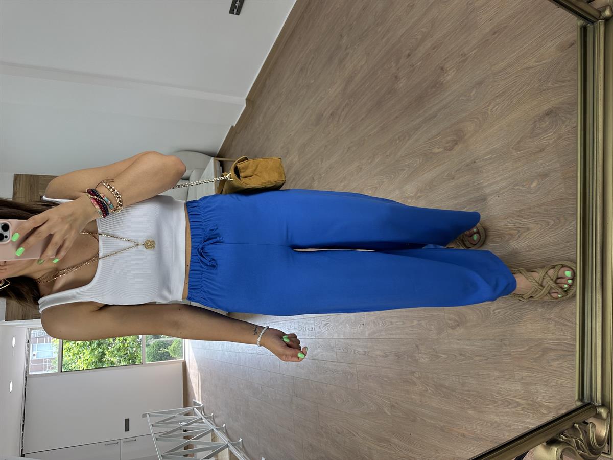 Viskon Kumaş Beli Lastikli Palazzo Pantolon-Saks